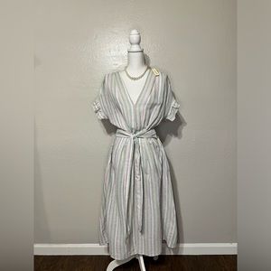 MAX STUDIO Striped Flutter Sleeve Midi Dress V-Neck Smocked Tie Waist Sz M